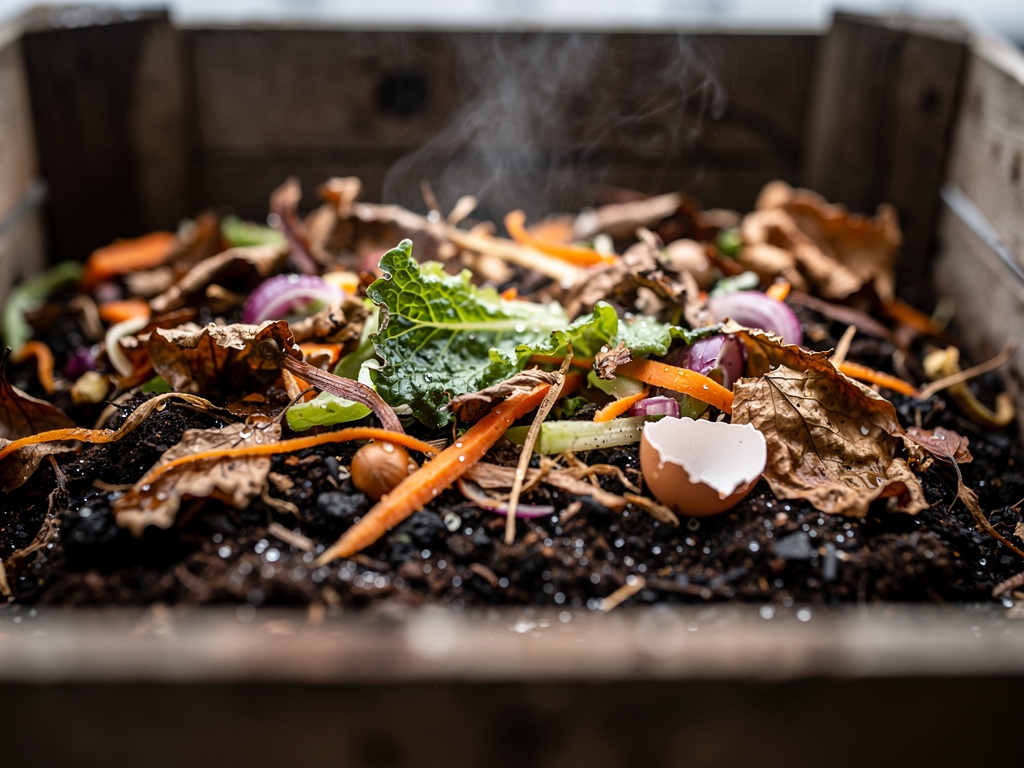 Detalle de una compostera doméstica de madera con restos vegetales en descomposición