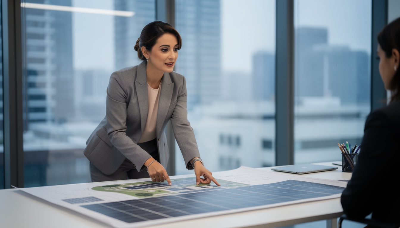 Consultora explicando un diagrama de instalación solar sobre una mesa en una oficina