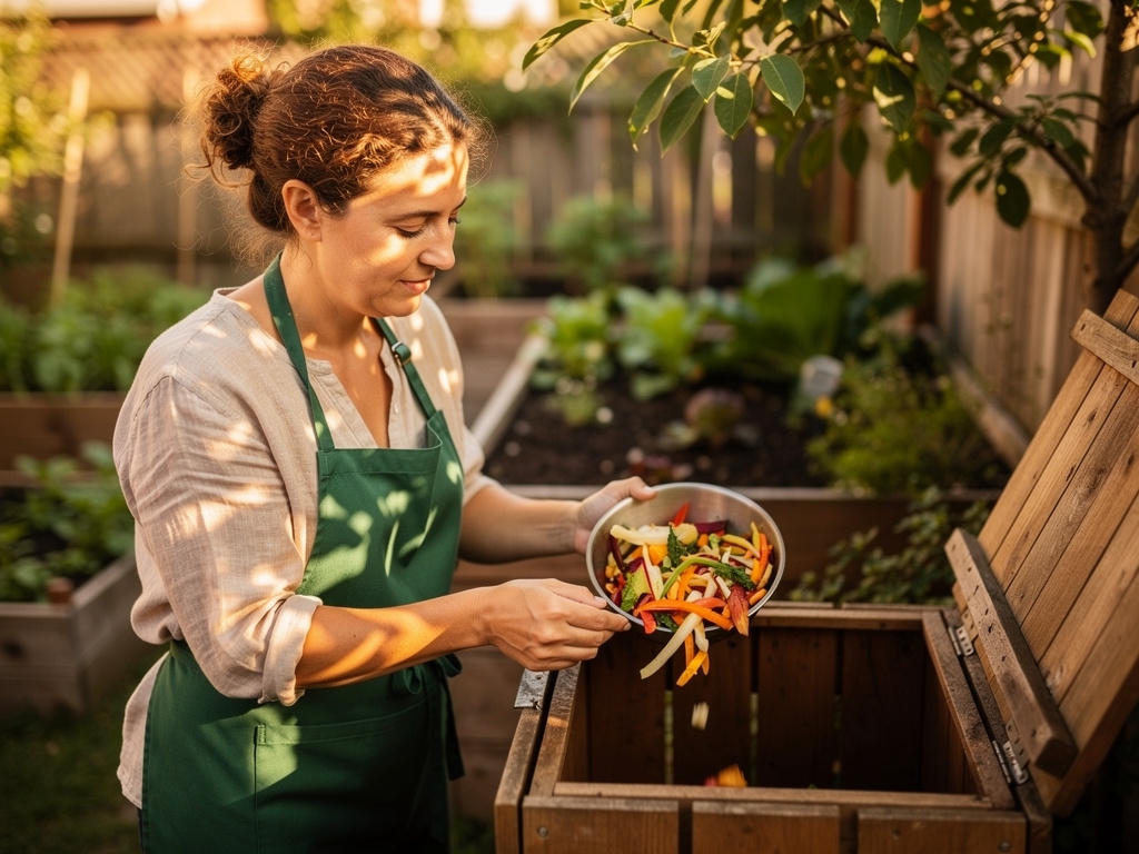 Mujer adulta añadiendo restos orgánicos a una compostera doméstica en un jardín