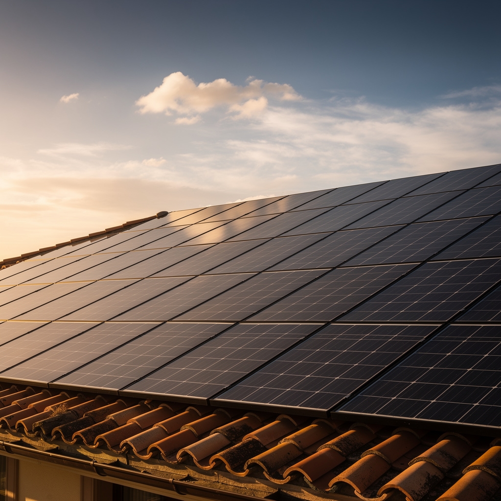 Paneles solares instalados sobre el tejado de una vivienda al atardecer