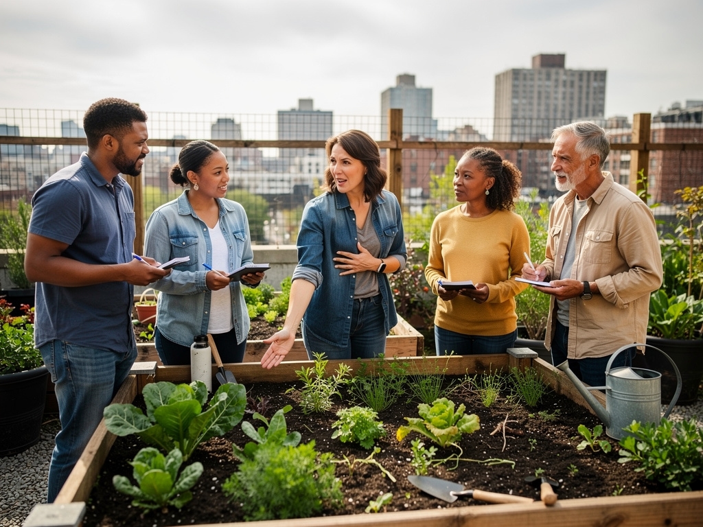 Grupo de personas aprendiendo sobre cultivo sostenible en un huerto urbano comunitario