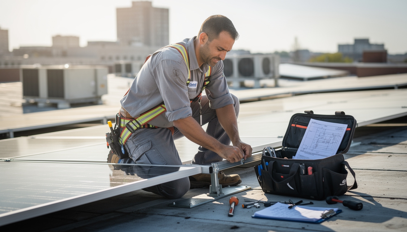 Técnico revisando una instalación de paneles solares en el tejado de un pequeño negocio