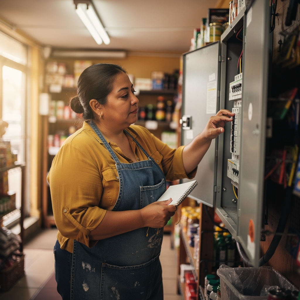 Propietaria de un pequeño comercio revisando el cuadro eléctrico de su local