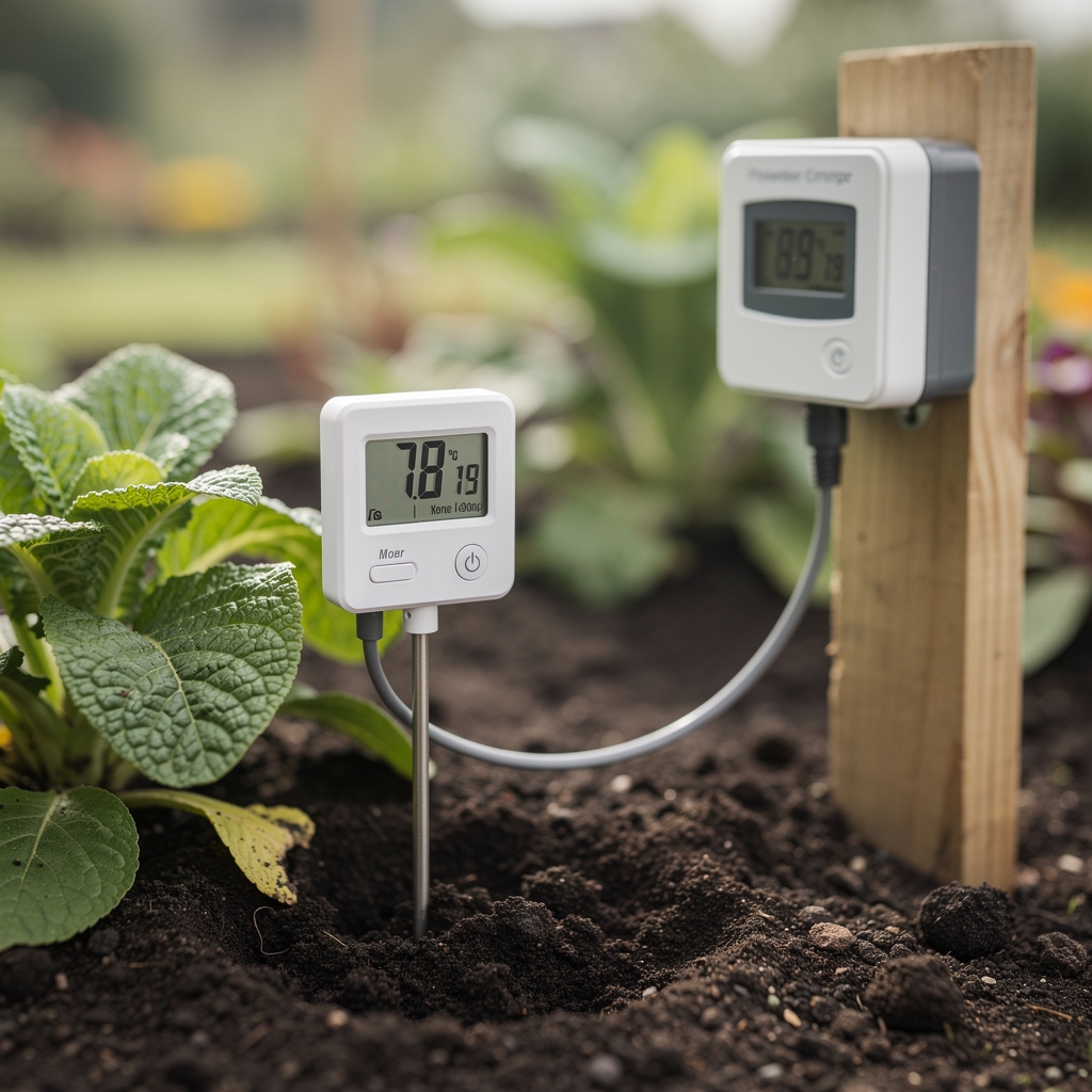 Sensor de humedad del suelo conectado a un sistema de riego automatizado