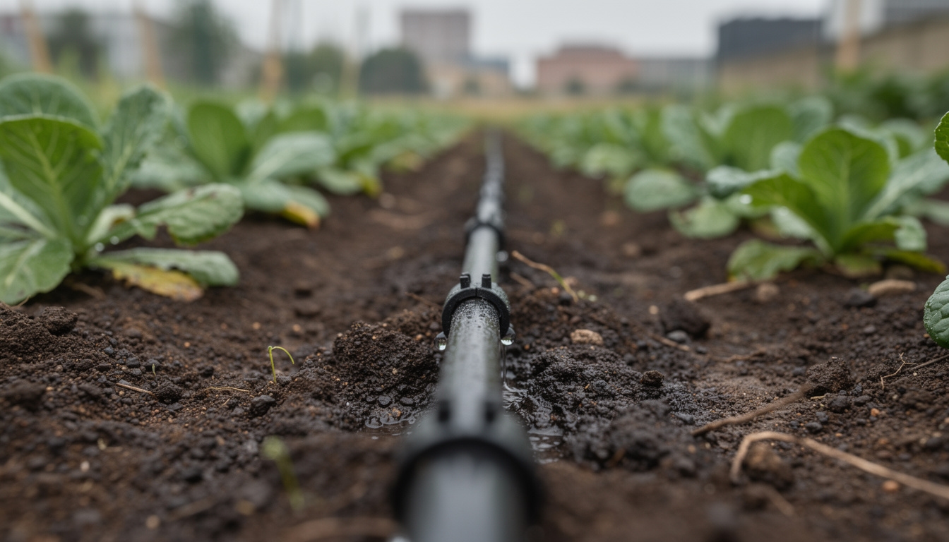 Sistema de riego por goteo instalado entre hileras de cultivo en un huerto